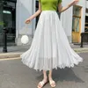 Saias Coreano Moda Feminina Saia Sólida Longa Tule Cintura Alta Elástica Verão A-Linha Elegante Festa