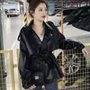 Jaqueta de couro feminina outono pu, roupas para motocicleta, estilo coreano, cintura apertada, comprimento médio, com renda, casaco casual