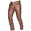Męskie spodnie mody motocykl męskie sztuczne skórzane guziki szeroką nogę duży kieszonkowy stały kolor swobodny spodnie Przystojne ubranie męskie