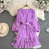 Casual Dresses French Chic Summer Dress for Women V-ringning Lantern Sleeve Belted Elegant Female Mini Ruffles A-Line Vestidos Drop