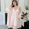 Vêtements de nuit pour femmes Rose Femme Twinset Robe Ensemble Sexy Mbroidery Dentelle Kimono Peignoir Chemise de Nuit Printemps Été Casual Soie Satin Robe de Maison