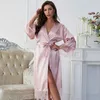 Pijamas femininos camisola longa simples rendas imitação de seda pijamas roupão estilo fino cardigan médio roupas para casa