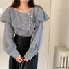 Bluzki damskie z topów na ramię design kobieta 2023 Autumn długi rękaw swobodny Japonia dziewczyny w paski Ruffle retro vintage bluzki