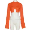 Damestruien Oranje Coltrui Gebreide Tops Voor Vrouwen Elegante Sexy Flare Lange Mouw Crop Trui Herfst Winter Mode Club Party