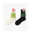 女性の靴下ファッションパーソナライズされた3次元の花のミディアムスリーブ多目的なカジュアルグリーンリーフガールコットン