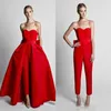 Krikor Jabotian Red Women Jumpsuits 2019 Prom Dresses Sweetheart Satin Bow Sash Evening Gowns With Detachable Train Long Part Dres2264