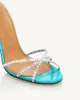 Dress Shoes Pointy Slotted Rhinestone Cross Buckle Strap Sandals Sexy Thin High Heels Large Size Blue Silver Colors Stiletto Women