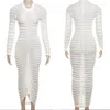 Robes décontractées Znaiml Elegant Stretchy Party Club Striped Trièx à manches longues Bodycon Maxi pour femmes
