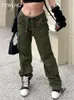 Pantaloni da donna Capris Verde militare Cargo Jeans larghi Donna Moda Streetwear Tasche Pantaloni a vita alta casual in denim vintage 230830