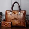 Suitcases Genuine Leather Crocodile Print Briefcase Men's Handbag One Shoulder Bag Double Zipper Suitcase Head Layer Cowhide Computer