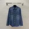 2023 herbst Blau Einfarbig Ketten Denim Bluse Hemd Langarm Revers Hals Doppel Taschen Einreiher Top Shirts O3G29101011