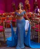 Fashion Sparkly Mermaid Evening Dress Sexy Blue Shine Beads Tunic Prom Diamonds Dresses Sweep Train Party Special Occasion Gowns Customized D-L23144