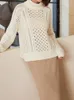 Women's Sweater's Crochet Hollow Out Turtleneck Sweater 100 Wool Solid Color Temperment Autumn Winter Long Sleeve Jumper for Lady 2023 230831
