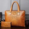 Suitcases Genuine Leather Crocodile Print Briefcase Men's Handbag One Shoulder Bag Double Zipper Suitcase Head Layer Cowhide Computer