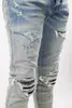 Men's Summer Light Blue Leather Patch Broken Jeans Men