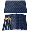 Table Mats Navy Blue Long Wave Pattern Kitchen Dining Decor Accessories 4/6pcs Placemat Heat Resistant Linen Tableware Pads