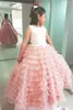 Sukienki dla dziewcząt sukienka kwiatowa różowy tiul księżniczka A-line z kaskadowymi marszczonymi aplikacjami i koronkowymi w górę Fit Fit Party Party Birthday Suknie