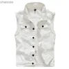 Yeni yaz yeleği Koreli Erkek Beyaz Denim Yelek Yırtılmış Sıkıntılı Yelek Kot Kot Klavlak Ceket Erkek artı Boyut M-5XL HKD230831