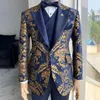 Ternos masculinos blazers jacquard floral smoking para homens casamento fino ajuste azul marinho e ouro cavalheiro jaqueta com colete calça 3 pi231m