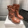 مصمم أحذية النساء العتيقة Western Long Boots Luxury Leather Leather Buckle Poots Boots Brown Leather Riker Boot Round Toe Tee Heel Martin Boots