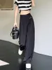 Pantaloni da donna HOUZHOU Abito largo nero Donna Vita alta Casual Stile coreano Chic Pantaloni in chiffon a pieghe Baggy Moda femminile gotica