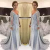 Elegantes Blau-Silber-Kleid für die Brautmutter mit langen Ärmeln 2021, V-Ausschnitt, Abendkleid für die Patin, Hochzeit, Party, Gastkleider, Neu2397