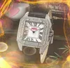 Célèbre carré romain cadran de réservoir amoureux montre de luxe plein diamants bague boîtier horloge bracelet en cuir véritable japon mouvement à quartz trois broches concepteur super montres cadeaux