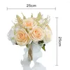 Decorative Flowers Easy Care Artificial Rose With Ribbon Bowknot Realistic Reusable Wedding Bouquet