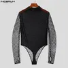 Män S Sleepwear Men bodysuits Mesh Patchwork Transparent Turtleneck långärmad fest T Shirts Rompers 2023 Sexig mode unisex bodysuit incerun 230830