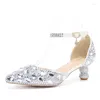 Sandaler 5 cm Rhinestone Shoes Buckle Round Heel Blue Pointed Crystal Wedding Social Dance Prom Latin Storlek 35-43