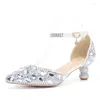 Sandals 5cm Rhinestone Shoes Buckle Round Heel Blue Pointed Crystal Wedding Social Dance Prom Latin Size 35-43