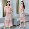 Arbeit Kleider 2023 Frühling Herbst Frauen Zwei Stück Set Cardiagn Jacke Tops Lange Plissee Chiffon Rock 2 Stück Anzüge