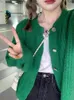 Suéteres femininos Deeptown Vintage Green Cropped Cardigan Mulheres Harajuku Oversized Malha Suéter Coreano Casual Manga Longa Tops 90s Streetwear 230831