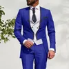 Men's Suits & Blazers Style Men Royal Blue And White Groom Tuxedos Round Lapel Groomsmen 3 Pieces Set Jacket Pants Vest T241w