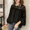 Women's Blouses Spring Large Loose Lantern Sleeve Chiffon Shirt Fashion Lace Hook Flower Hollow Long Underlay Top