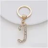 Keychains Lanyards Rhinestone Crystal Letter Pendant Keychain Gold Color 26 English Letters A-Z Key Ring Fashion Jewelry Uni Chain G DHDW6