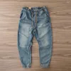 Mäns jeans Autumn och Winter Retro Sand tvättade blå trendig Pure Cotton Drawstring Boys Casual Pants Harem