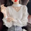 Women's Blouses Fashion Gauze Bright Silk Beading Hollow Out Female Clothing 2023 Autumn Winter Elegant Lace Tops Princess Sleeve Shirts