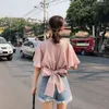 Blusas femininas 2023 verão manga curta blusa feminina colheita topos elegante volta arco bandagem camisa senhoras sem costas kawaii praia bonito blusas