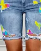 Damen-Shorts, täglich vielseitig, Denim, 2023, Frühling/Sommer, modisches Splice-T-Shirt, gefärbter Druck, geteilt