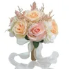 Fleurs décoratives mariage artificielle Rose Bouquet ruban Bowknot feuilles vertes réaliste réutilisable élégant multicolore mariée fausse fleur