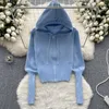 Women's Knits ALPHALMODA 2023 Solid Color Knitted Hooded Shirt Women Casual Zipper Winter Long Sleeve Cardigans Above Navel Top