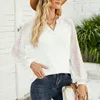 Women's Blouses Women Casual Blouse V-neck Waffle Hollow Lace Stitching Lantern Long Sleeve Pullover T-shirt Tops Blusa Mujer Moda 2023