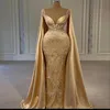 Goldene Meerjungfrau-Abschlussballkleider mit Wickelperlen, Spitze und Applikationen, 2021, Abendkleid, Party, zweiter Empfang, Kleider in Übergröße283k