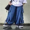 Bannaji Mens Womens Harajuku Carto Jeans Loose Fit Multi Pockets Fashion Street Style Style Japanese Hip Hop Denim Pants Baggy HKD230829
