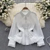 Blouses Femmes Vintage Court Style Femmes Blouse Mode Polo Col Creux Floral Crochet Chemises À Manches Longues Été Casual Tops Dop