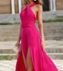 Casual Dresses 2023 Summer Ladies Elegant Long Dress Hanging Neck High midje ärmlös Split Sexig Solid Color Royal Sister Style