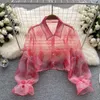 Women's Blouses Mesh Sunscreen Shirt Women Transparent Long Sleeve Fashion 2023 Thin Y2K Ladies Summer French Chic Short Tops