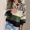 Kvinnors tröjor Leopardtryck Färgblocktröja Rund nacke Pullover Lång ärm för kvinnor harajuku vinter sueter femme