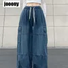 Wiosna HARAJUKU MENS VINTAGE Big Pocket Cargo Dżinsy Mężczyźni Y2K Loose Denim Spods Hip Hop Streetwear Proste szerokie spodnie LST230831